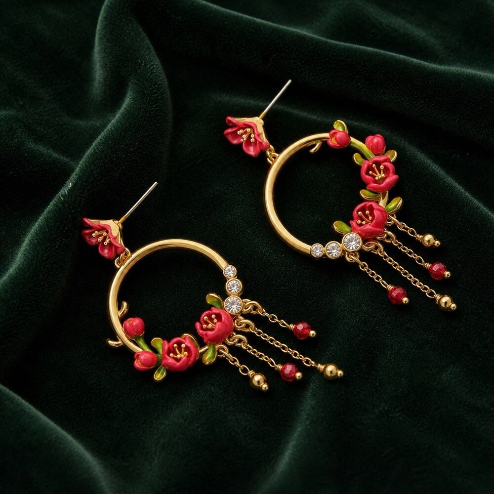 Flower Hoop Earrings CZ Chain Cottagecore Boho Wreath Floral French Designer